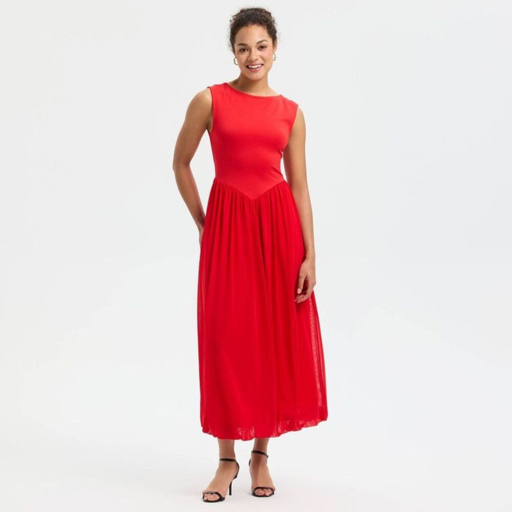 A New Day - Women's Sleeveless Bubble Hem Midi Dress - A New D Red - Picture 3 of 4